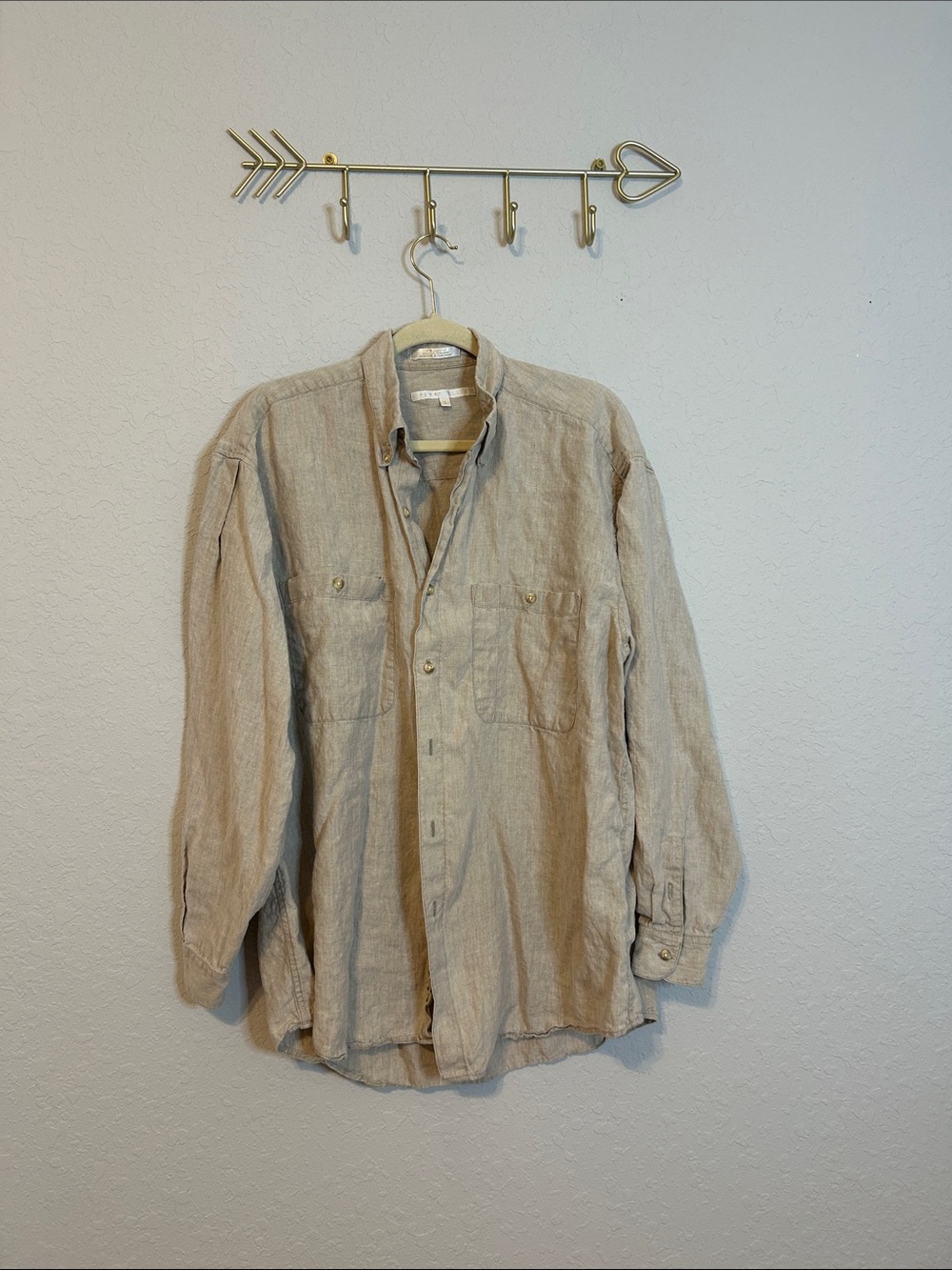 Perry Ellis Men’s 100% Linen Shirt Large Beige Long Sleeve Button Down